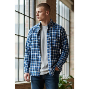 Men's DAVIDE CENCI Blue White Plaid Casual Button Down LINEN Shirt 39/15.5